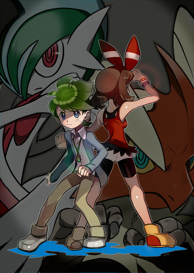 may, gallade, blaziken, wally, mega gallade, and 1 more (pokemon and 1 more) drawn by mari_mokomo
