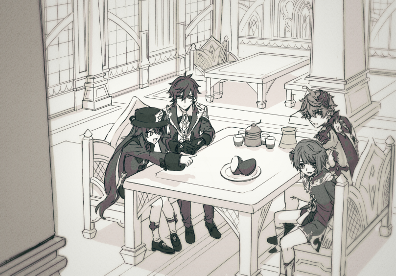 hu tao, zhongli, tartaglia, and xingqiu (genshin impact) drawn by togatamaki