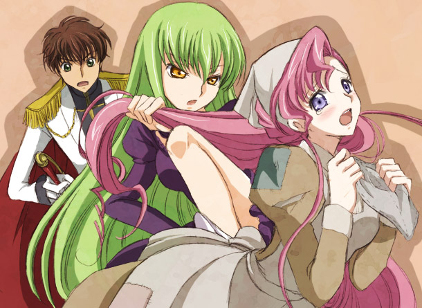 c.c., kururugi suzaku, euphemia li britannia, and cinderella (code geass and 1 more) drawn by akina_tsukako