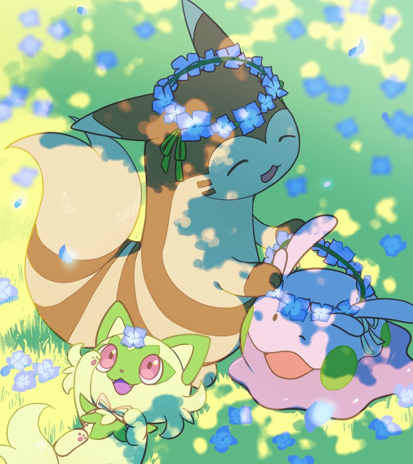 sprigatito, furret, and goomy (pokemon) drawn by numera_goomy