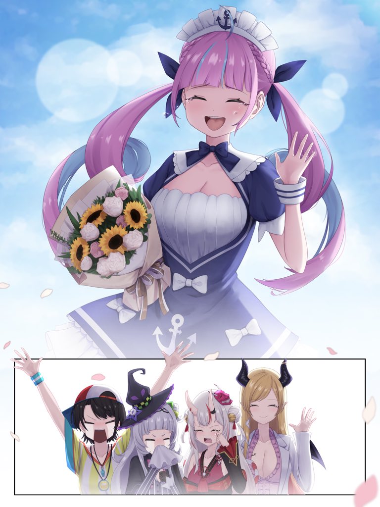 minato aqua, oozora subaru, murasaki shion, nakiri ayame, and yuzuki choco (hololive) drawn by newphmp