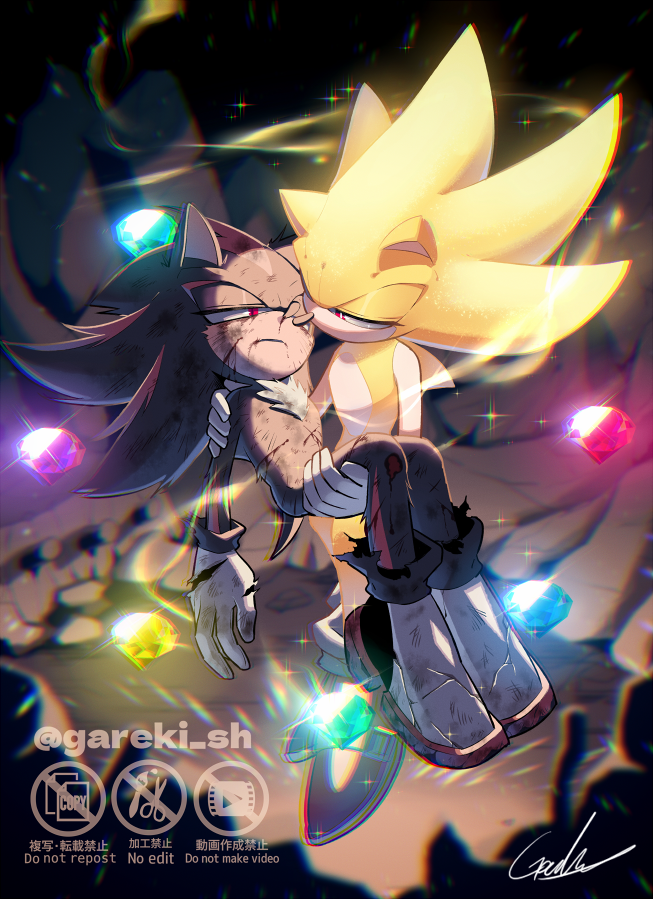 sonic the hedgehog, shadow the hedgehog, and super sonic (sonic) drawn by gareki_sh