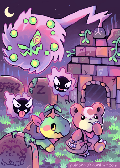 gastly, turtwig, teddiursa, spiritomb, and kotora (pokemon and 3 more) drawn by paleona