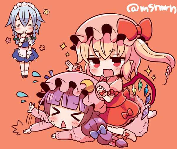 flandre scarlet, izayoi sakuya, and patchouli knowledge (touhou) drawn by meopun_(meopen429)