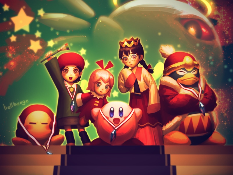 kirby, waddle dee, king dedede, adeleine, ribbon, and 2 more (kirby and 1 more) drawn by bellhenge