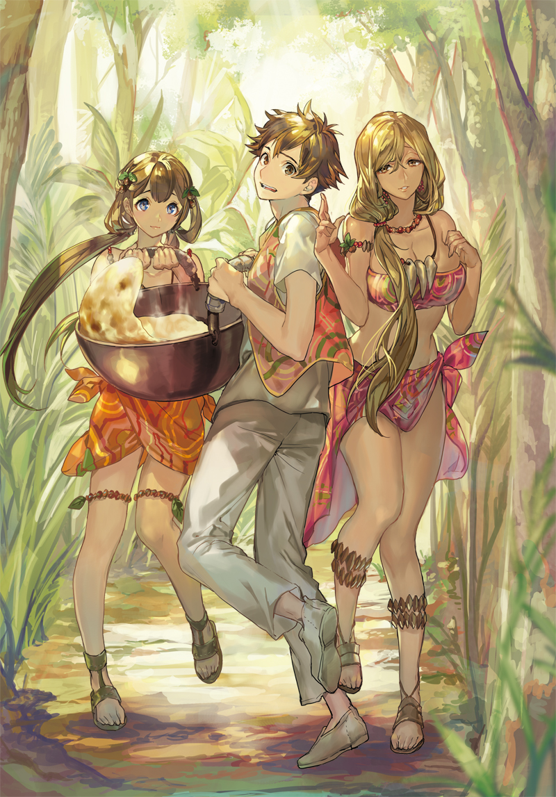 tsurumi asuta, vina ruu, and reina ruu (isekai ryouridou) drawn by kochimo