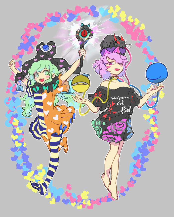 komeiji koishi, komeiji satori, kaenbyou rin, reiuji utsuho, clownpiece, and 1 more (touhou) drawn by chamaruk