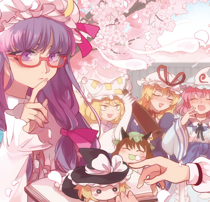 kirisame marisa, alice margatroid, patchouli knowledge, yakumo yukari, saigyouji yuyuko, and 2 more (touhou) drawn by kerok_(joniko1110)