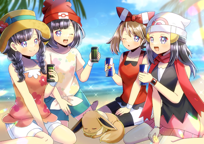 dawn, may, eevee, and selene (pokemon and 5 more) drawn by kou_hiyoyo