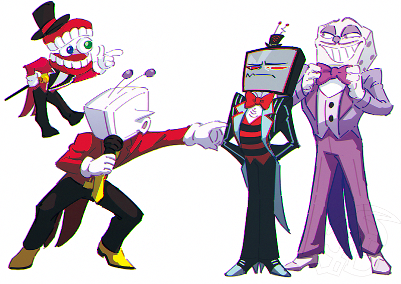 vox, caine, ant tenna, and king dice (hazbin hotel and 3 more) drawn by iduhara_jugo