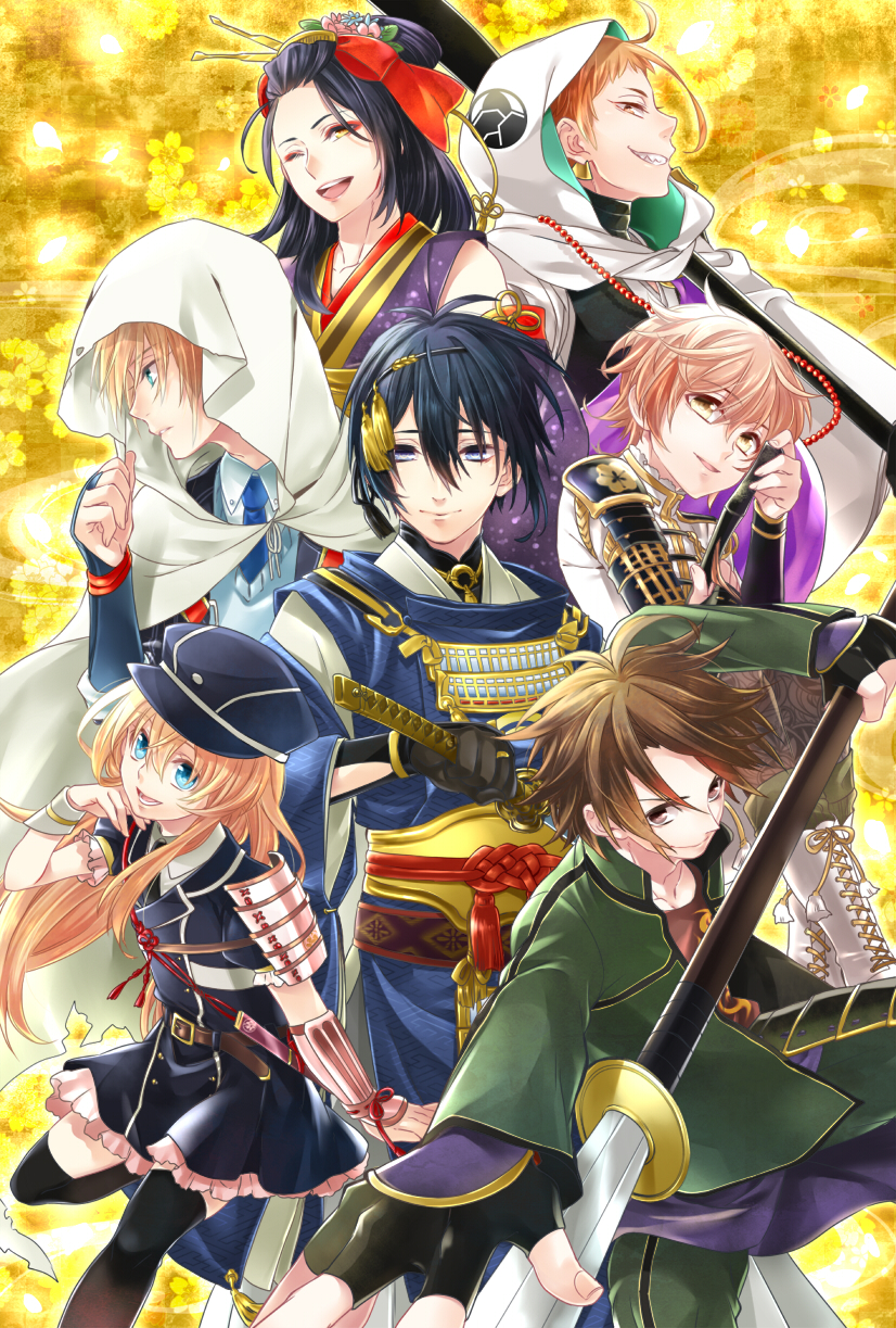 mikazuki munechika, midare toushirou, yamanbagiri kunihiro, iwatooshi, otegine, and 2 more (touken ranbu) drawn by hajime_(starrysky_cat33)
