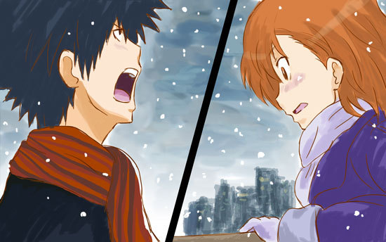 misaka mikoto and kamijou touma (toaru majutsu no index and 1 more) drawn by nobuchi