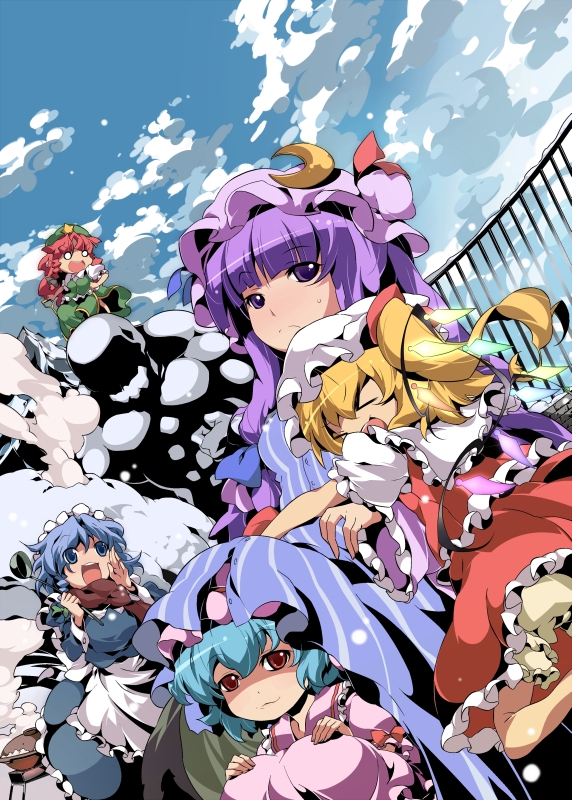 remilia scarlet, flandre scarlet, izayoi sakuya, patchouli knowledge, and hong meiling (touhou) drawn by nyuusankin