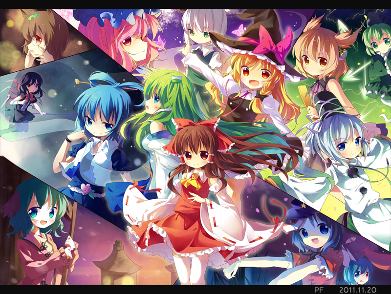 hakurei reimu, kirisame marisa, kochiya sanae, konpaku youmu, saigyouji yuyuko, and 9 more (touhou and 1 more) drawn by pf