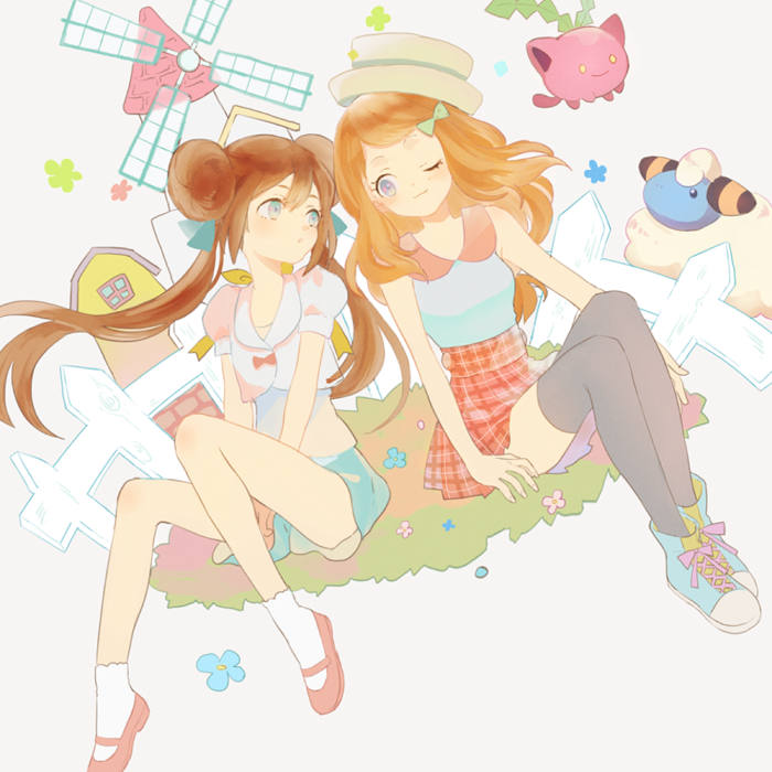 rosa, serena, hoppip, and mareep (pokemon and 2 more) drawn by zges