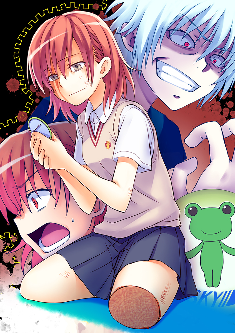 misaka mikoto, accelerator, gekota, misaka imouto, and misaka imouto 9982 (toaru majutsu no index and 2 more) drawn by maruyama_en