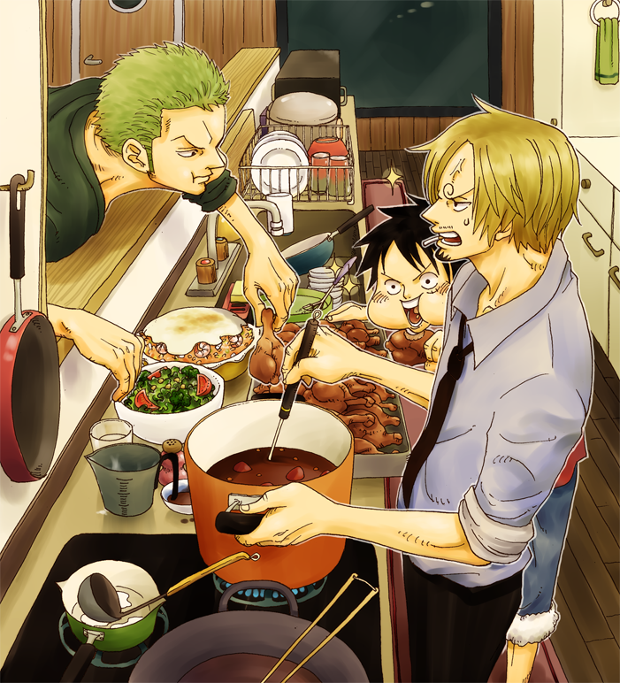 monkey d. luffy, roronoa zoro, and sanji (one piece) drawn by puniatta