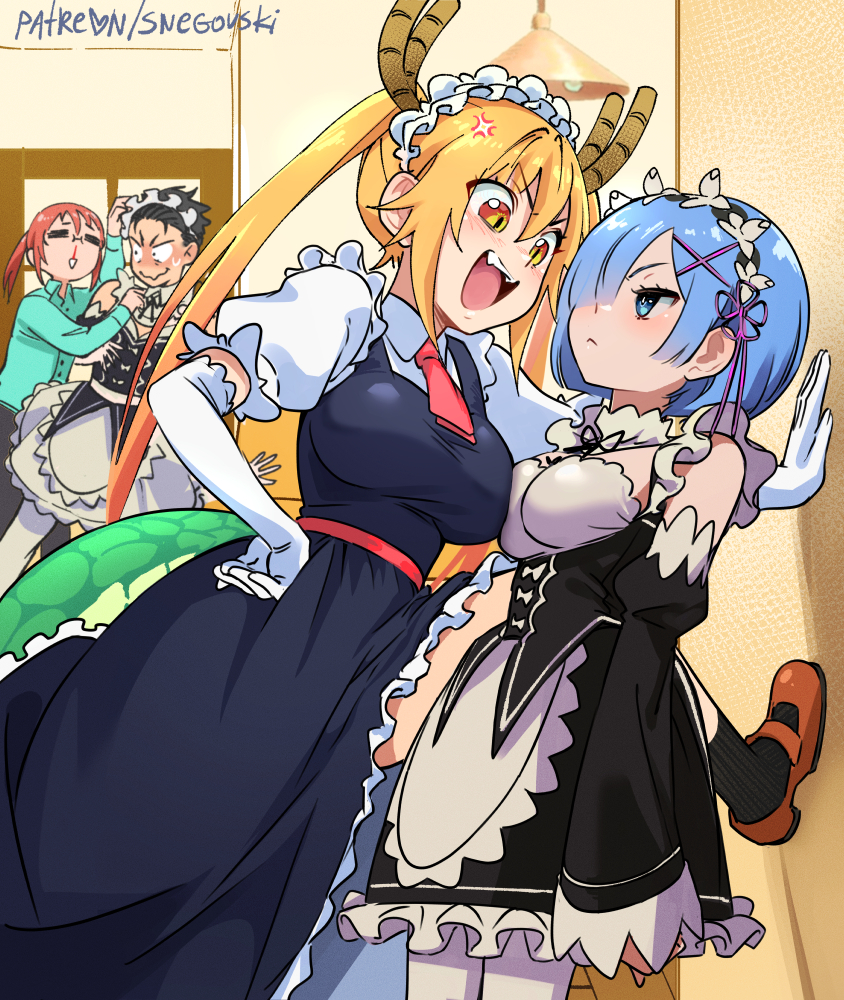 rem, natsuki subaru, tohru, and kobayashi (re:zero kara hajimeru isekai seikatsu and 1 more) drawn by snegovski