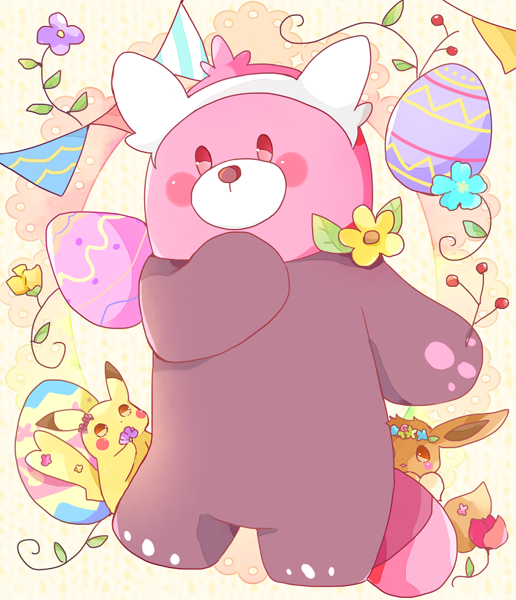pikachu, eevee, and bewear (pokemon) drawn by tsukiyo_(skymint)