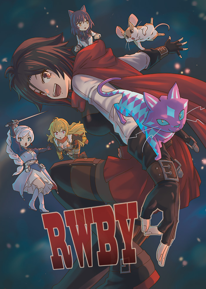 ruby rose, weiss schnee, yang xiao long, blake belladonna, curious cat, and 1 more (rwby) drawn by moai_(moai_world)
