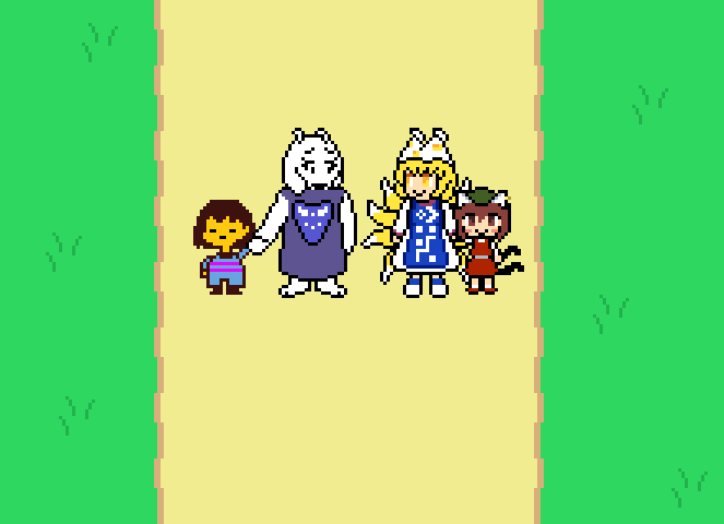 yakumo ran, chen, frisk, and toriel (touhou and 1 more) drawn by horrorship