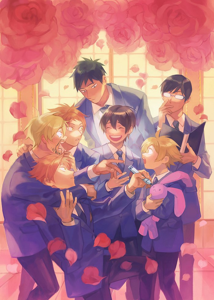 fujioka haruhi, suou tamaki, hitachiin hikaru, hitachiin kaoru, haninozuka mitsukuni, and 2 more (ouran high school host club) drawn by loveariddle