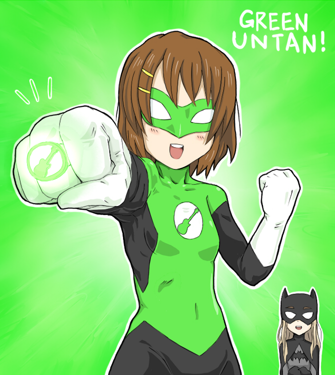hirasawa yui, kotobuki tsumugi, batman, and green lantern (k-on! and 2 more) drawn by eno_(abekawa_hikozaemon_x)