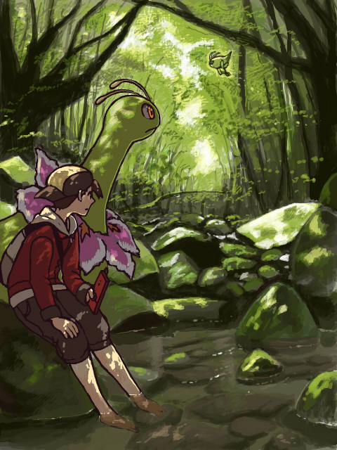 ethan, celebi, and meganium (pokemon and 1 more) drawn by moiko