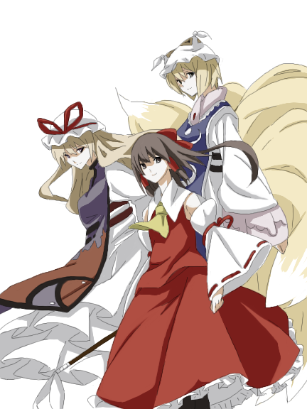 hakurei reimu, yakumo yukari, and yakumo ran (touhou) drawn by kajiki