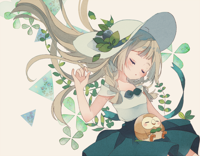 lillie and rowlet (pokemon and 1 more) drawn by zges