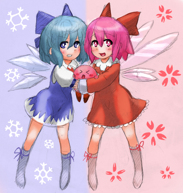 cirno, kirby, and ribbon (touhou and 2 more) drawn by psychometalick-girls