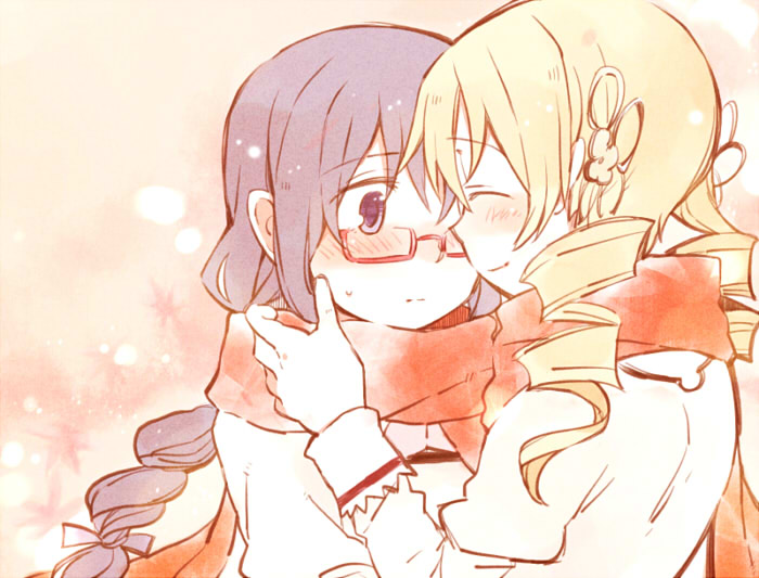 akemi homura and tomoe mami (mahou shoujo madoka magica) drawn by kutsuwada_on