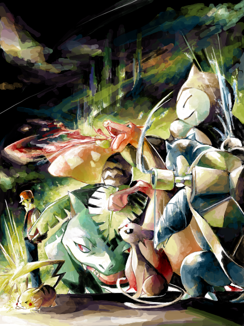 pikachu, red, charizard, espeon, snorlax, and 2 more (pokemon and 2 more) drawn by hari_(atheos)