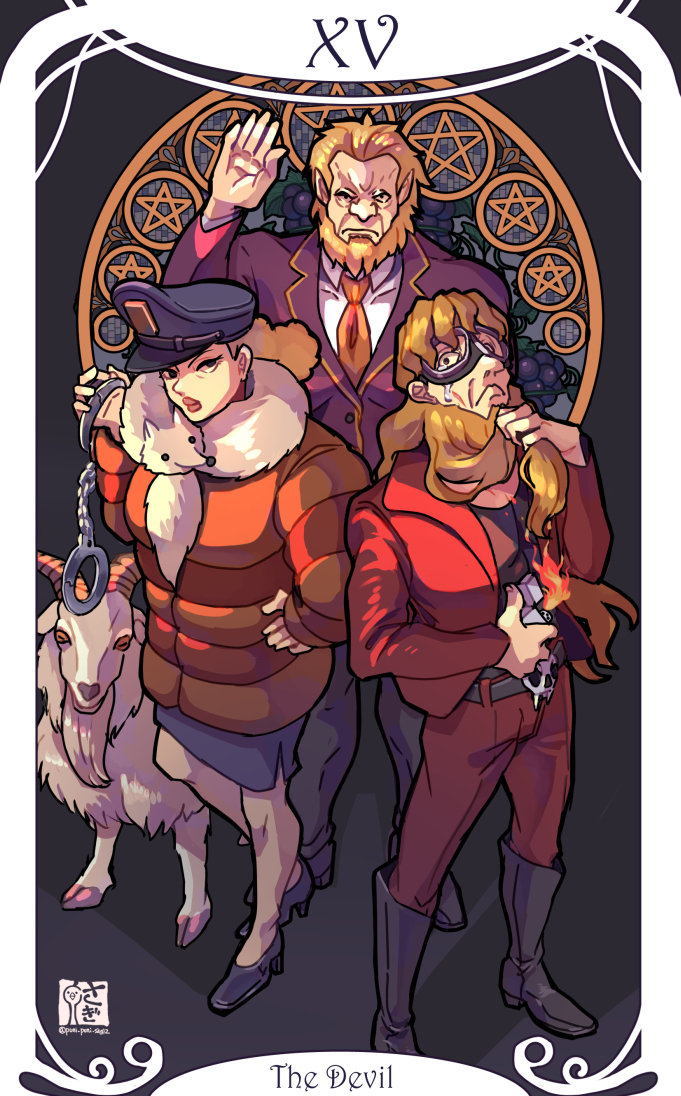 excelcius winner, fifi laguarde, and di-jun wang (ace attorney and 2 more) drawn by saginoko