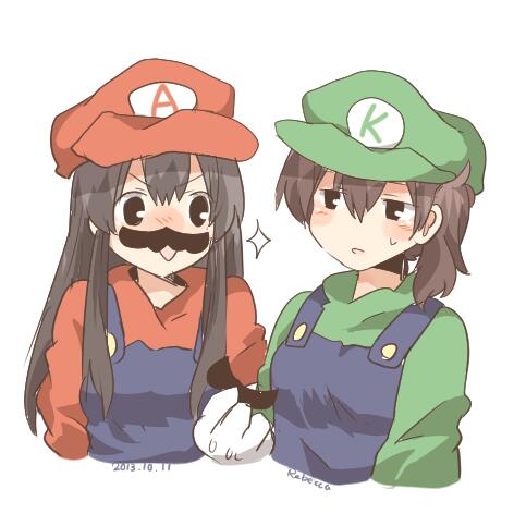 kaga, akagi, mario, and luigi (kantai collection and 2 more) drawn by rebecca_(keinelove)