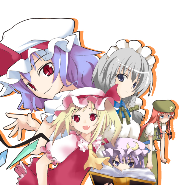 remilia scarlet, flandre scarlet, izayoi sakuya, patchouli knowledge, and hong meiling (touhou) drawn by ogami_kazuki