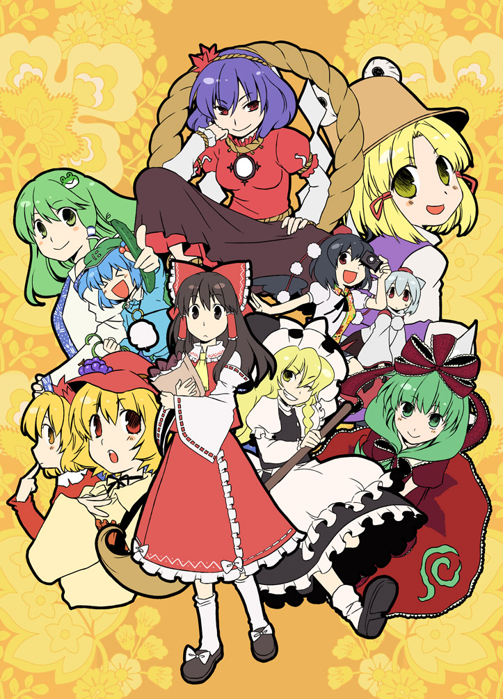 hakurei reimu, kirisame marisa, kochiya sanae, inubashiri momiji, moriya suwako, and 6 more (touhou and 1 more) drawn by 490_(spinoza490)