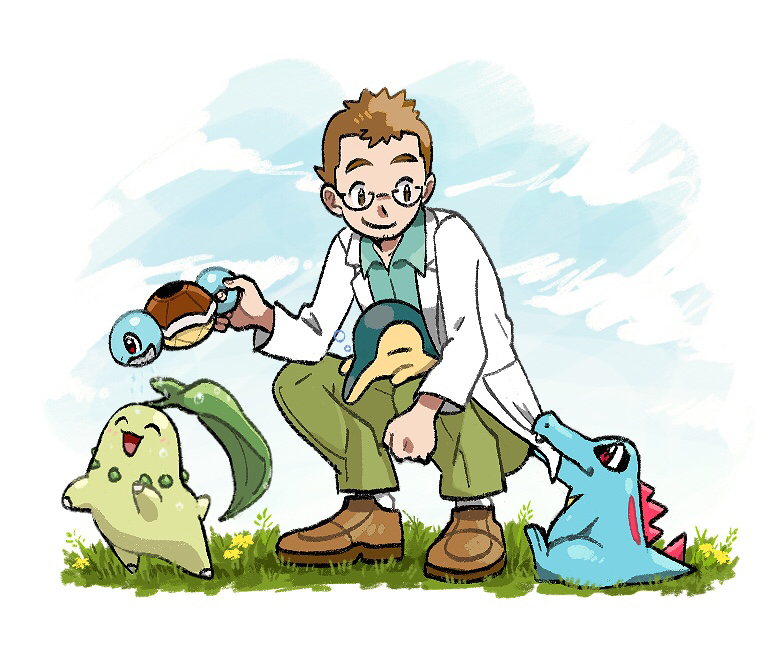 squirtle, cyndaquil, chikorita, totodile, and professor elm (pokemon and 1 more) drawn by kokesa_kerokero