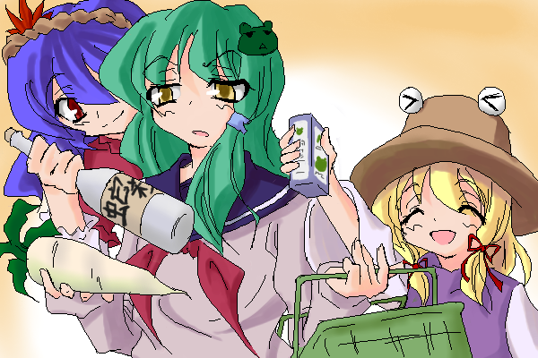 kochiya sanae, moriya suwako, yasaka kanako, and pyonta (touhou) drawn by aya_shachou