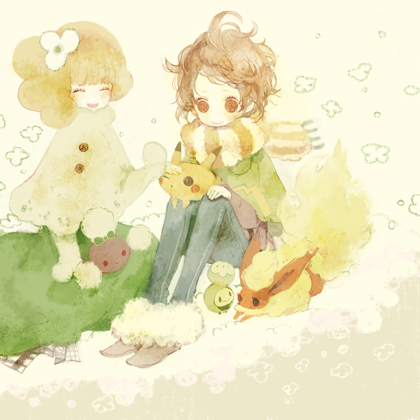 pikachu, flareon, jumpluff, and budew (pokemon) drawn by pechika
