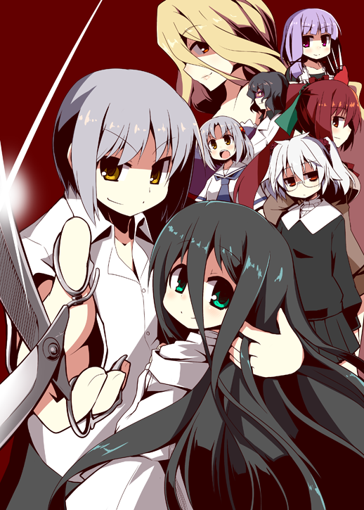 mushanokouji iwai, haimura kiri, byouinzaka yamane, emily redhands, violet witchy, and 3 more (dansai bunri no crime edge) drawn by nanateru