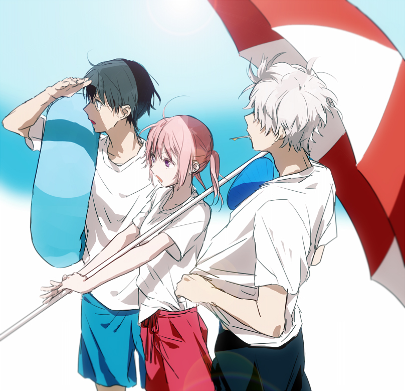 sakata gintoki, kagura, and shimura shinpachi (gintama) drawn by urahara