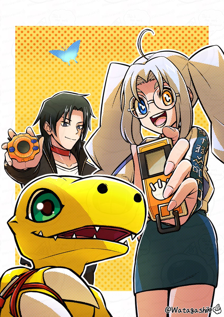 agumon, nozomi riko, and nozomi mayu (digimon and 1 more) drawn by watagashikn