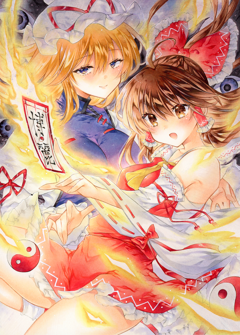 hakurei reimu and yakumo yukari (touhou) drawn by takadono318