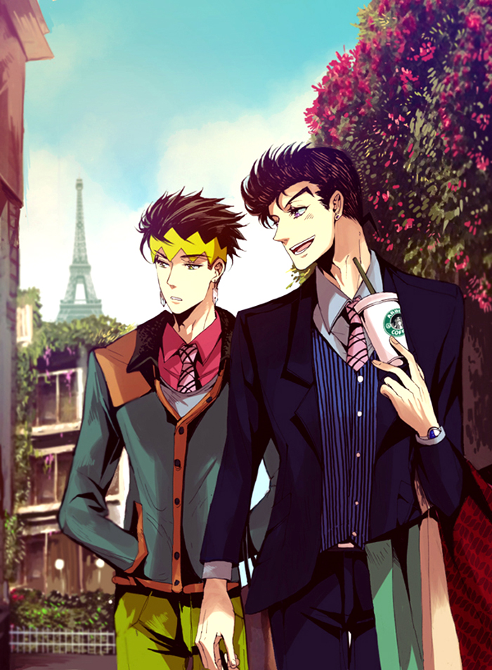 higashikata josuke and kishibe rohan (jojo no kimyou na bouken and 1 more) drawn by willow_sage0000