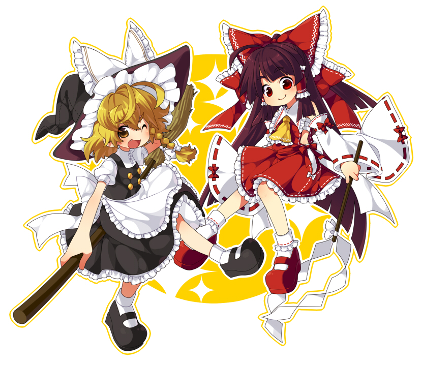 hakurei reimu and kirisame marisa (touhou) drawn by kiri_futoshi