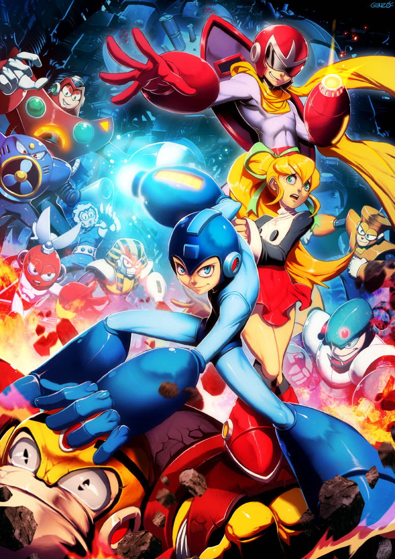 roll, mega man, proto man, cut man, air man, and 7 more (mega man and 5 more) drawn by genzoman