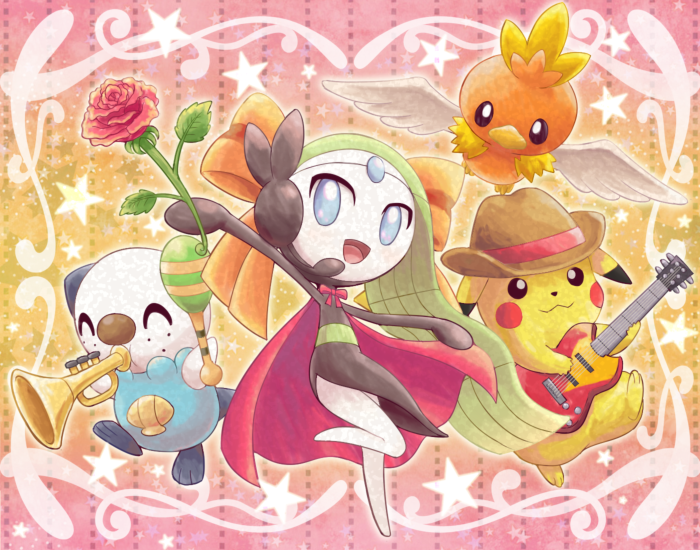pikachu, oshawott, torchic, and meloetta (pokemon) drawn by pokemoa