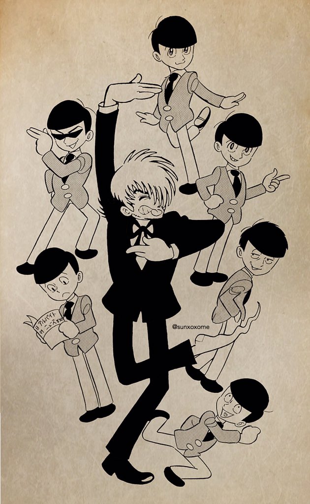 matsuno osomatsu, matsuno karamatsu, matsuno ichimatsu, matsuno jyushimatsu, matsuno choromatsu, and 2 more (osomatsu and 3 more) drawn by tsunogai