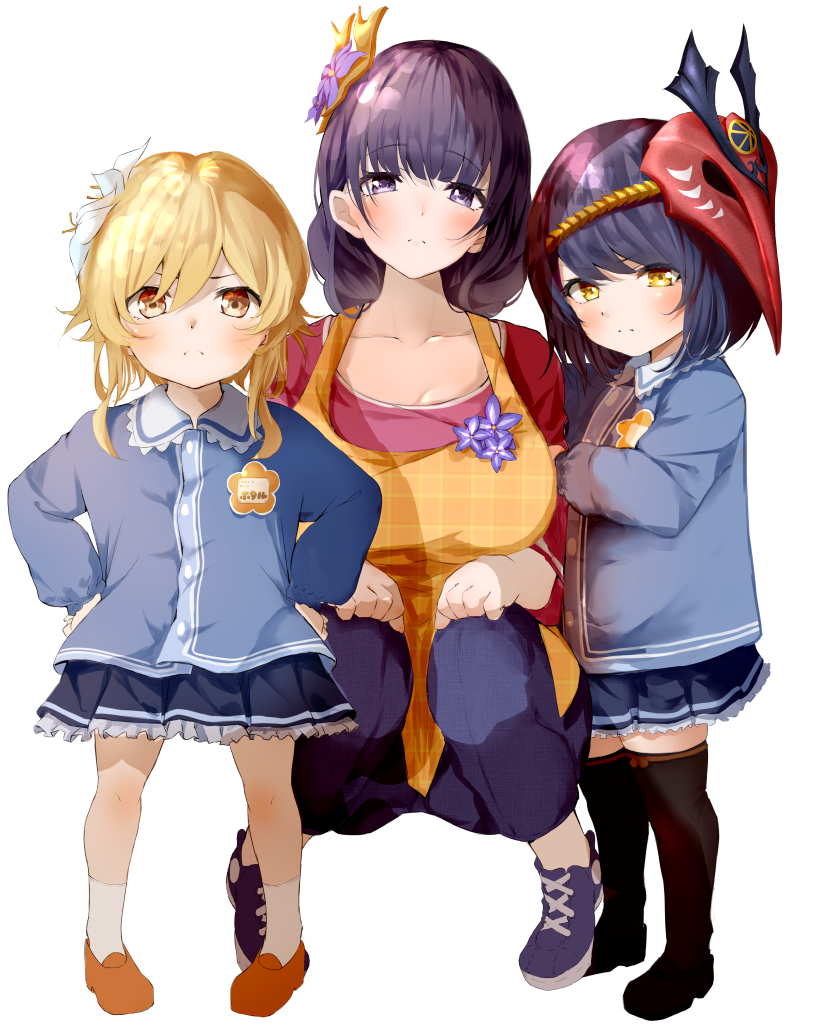 lumine, raiden shogun, and kujou sara (genshin impact) drawn by raru_(nanaharararu)